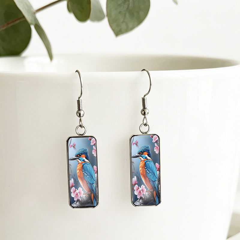 Kingfisher Pink Cherry Blossom Rectangular Glass Cabochon Dangle Earrings